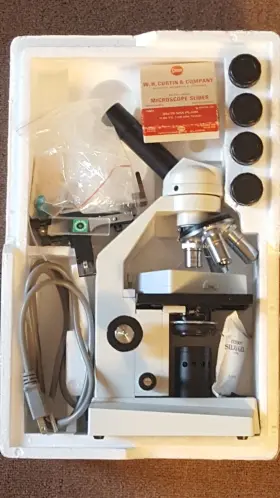105779574 Amscope Monocular Compound Microscope With Stage Micrometer And Slides Etc