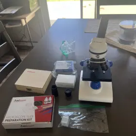 M110c-2l-pb10 Amscope Lot Of Cordless Metal Frame Compound Microscope Top Bottom Led Light 40x