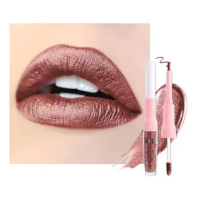 B0f13g8rzx Kaely 2-in-1 Brown Metallic Lipstick And Lip Liner - Shimmer Liquid Lips 24h Wear