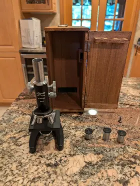 99-7028 Lafayette Japan Cast Iron Microscope With Wooden Case And 3 Lenses