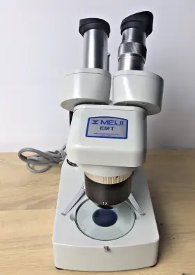 46990 Meiji Emt Stereo Microscope 10x/20x With Top And Bottom Light Tested Japan