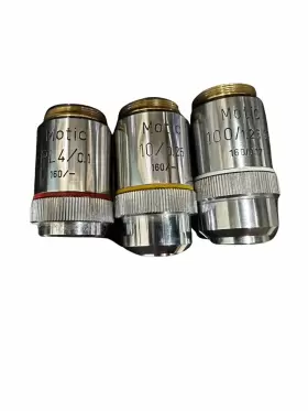 53773667 Motic Lot Of 3 4/0.1 10/0.25 100/1.25 Objectives For Microscope