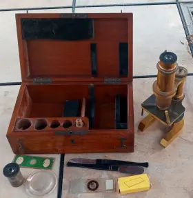 1870s R. Wasserlein 10735 German Berlin Brass Microscope In Original Wooden Case