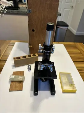 52050 Unitron Microscope Vintage Student Mph #52050 W Carrying Wooden Case And Slides