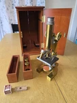 Bausch And Lomb Antique Brass Microscope, #33615, Wooden Keyed Box, Circa 1890'S. Fixed Price $595.00.