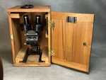 Antique 1920S Bausch & Lomb Binocular Microscope And Wood Case. Fixed Price $125.00.