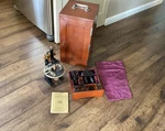 1920S Spencer No. 7 Binocular Research Microscope Case W/ Accessories. Fixed Price $1500.00.